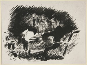 Under lampan, första illustrationen till Mallarmés översättning av Poes ”Korpen” av Édouard Manet