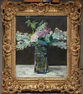 Vas med vita syrener och rosor av Édouard Manet