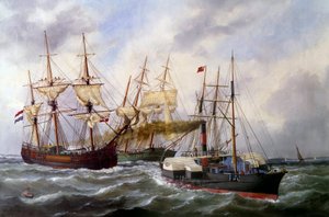 Två trailers med tre mattor av Le Neptune au Havre 1882 Målning av Edouard Adam (1847-1929) 1882 Paris, Musee de la Marine