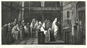 Synagoga under en Torahläsning (litho) av Edouard Moyse