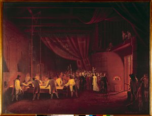 Marie Caroline de Bourbon Sicilien, hertiginna av Berry (1798-1870), besökte fabrikerna i Saint Gobain 1822. Arbetarna gjorde en bordsgjutning av glas. Målning av Edouard Pingret (1788-1875) 1824 Privat samling