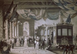 Drottning Victoria (1819-1901) och prins Albert (1819-61) anländer till Gosport Station, Hampshire, graverad av Bayot & Cuvilier, 1846