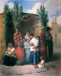 Scen nära en bar på en gata i Mexiko: en kvinna ammar sitt barn, en annan tar en drink och bär sitt barn på ryggen, ett barn leker på marken. Målning av Edouard Pingret (1788-1875), mitten av 1800-talet. Mexico City. riksbank