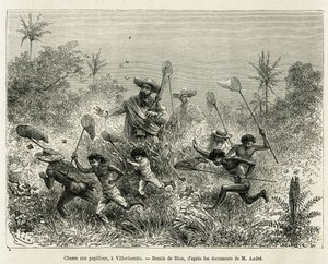 Ett gäng barn jagade efter fjärilar, tillsammans med författaren, en Villavicensio (Colombia), teckning av Riou, för att illustrera historien om Equinoxiale America (Colombia, Ecuador, Peru), 1875-1876, av Ed. andre, resenär som ansvarar för uppdraget av F av Edouard Riou