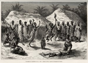 En patient i samråd med agni (eller anyi, Elfenbenskusten), trollkarlen utför en dans, efter att ha placerat en fetisch framför patientens lögner. Gravyr av Riou, för att illustrera historien ""Från Niger till Guineabukten"" av kapten Louis Gu av Edouard Riou