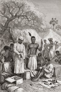 Abdullah Souzi, Jacob Wainright och James Chouma, Dr. David Livingstones tre tjänare, inventerar sina tillhörigheter efter hans död 1873, illustration från "The World in the Hands", graverad av Charles Barbant av Edouard Riou