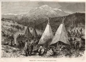 Ett indiskt läger, i Utahs territorium, på stranden av Riviere Verte. Gravyr efter teckningen av E.Riou, för att illustrera historien La conquete blanche, av William Hepworth Dixon, 1875, publicerad i "" Le tour du monde""" 1876, redigerad av Edouard Chart av Edouard Riou