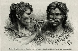 Ett instrument gjort av fågelben och ett sätt att snusa bland indianerna ouitotos (uitoto), blåser unisont, de skickar samtidigt fångsten. Gravyr av Riou, för att illustrera historien om Cayenne aux Andes, av Jules Crevaux, doktor vid den franska flottan, av Edouard Riou