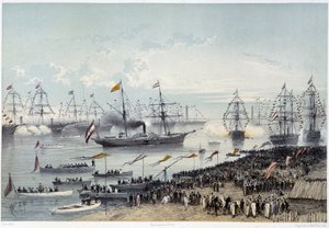 Hans Majestät Kejsaren av Österrikes ankomst till Port Said i "" Invigning av Suezkanalen av G. Nicole. 1869