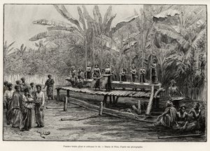 Batak-kvinnor, etnisk grupp på norra Sumatra, dunkar och städar ris. Gravyr av Riou för att illustrera berättelsen "ett år i Malaysia", av Jules Claine (1856-1939) av Edouard Riou