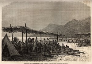 Distribution av mat i Keauhou, efter jordbävningen och vulkanutbrottet 1868, till offren för katastrofen, gravering efter teckningen av E.Riou, som illustrerar resan till Sandwichöarna, 1855-1869, av C. de Varigny, publicerad i "" Le av Edouard Riou