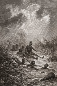Dr. David Livingstone bärs genom ett träsk av bärare under sin expedition till Afrika 1872, illustration från "The World in the Hands", graverad av Charles Laplante av Edouard Riou