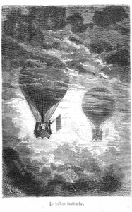 Ritning av boken av Jules Verne "Five weeks en Ballon"-samlingen Hetzel/Extraordinary Travels. Victoriaballongen möter en annan ballong i molnen