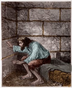 Edmond Dantes, alias greven av Monte Cristo (Monte Cristo) i sitt fängelse - Gravyr av Riou, i "Greven av Monte-Cristo" av Alexandre Dumas