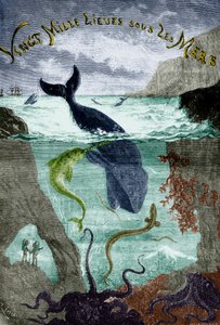 Frontispis till Jules Vernes roman 20 000 leagues under the sea (1870) , gravyr, kolorerat dokument av Edouard Riou