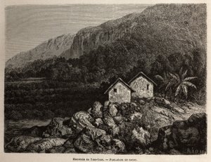Hacienda av Tian Tian, Peru och kakaoplantage, teckning av Riou, för att illustrera Paul Marcoys resa genom Sydamerika från 1848 till 1860. Gravyr i "" Le tour du monde", redigerad av Edouard Charton av Edouard Riou