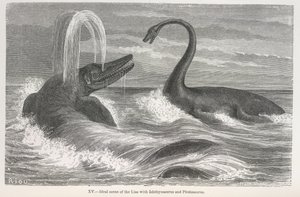 "Ideal scen för lias med Ichthyosaurus och Plesiosaurus" av Edouard Riou