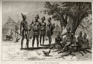 I Lera (eller Dera, Niger), typer av Mandes. Gravyr av Riou, för att illustrera historien "" Från Niger till Guineebukten"" av kapten Louis Gustave Binger (1856-1936), 1887-1889, i Le tour du monde, nouveau journal des voyages, under ledning av av Edouard Riou