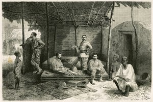 Installation av uppdraget i Nango, för en 10-månaders vistelse, med porträtt av Gallieni och hans kaptener Valliere och Pietri, doktor Tautain samt hans tolkar, guide och cantiniere. Gravyr av Riou, baserad på en skiss av författaren, för att illustrera av Edouard Riou