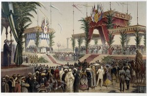 La Tribune des suvereigns i "" Invigning av Suezkanalen av G. Nicole. 1869 av Edouard Riou