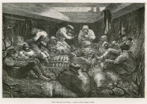 Förlorade och utmattade av trötthet, samlas expeditionens besättning av det ryska fiskefartyget, Nicholas, och avslutar resan i fartygets lastrum, staplar bland fisklasten och jakttrofeer (hjortved, isbjörnsskinn). Gravyr efter av Edouard Riou