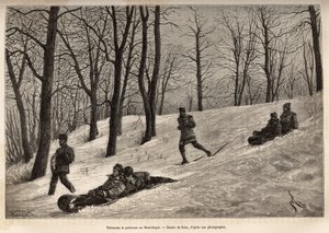 Luges et skaters au plateau du Mont-Royal, nära Montreal, gravering efter en teckning av Riou, som illustrerar utflykten till Kanada och Riviere Rouge du nord, av H. De Lamotte, 1873, publicerad i "" Le tour du monde" ”” 1875, redigerad av Edouard Charton, av Edouard Riou