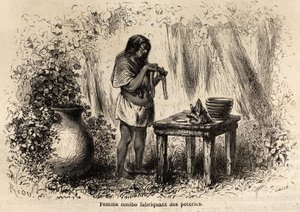 Tillverkning av keramik av en Conibo-indian från Peru, teckning av Riou för att illustrera P. Marcoys resa, från 1848 till 1860, från Stilla havet till Atlanten. Gravyr i "" Le tour du monde"", redigerad av Edouard Charton av Edouard Riou