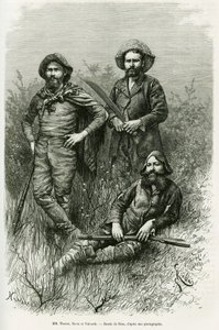 Medlemmar av expeditionen: Mr. Thouar (förlängning), Mr. Novis (stående till vänster) och Mr. Valverde (stående höger). Gravyr av Riou, för att illustrera berättelsen Voyage dans le Chaco Boreal av Edouard Riou