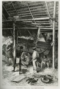 Morgonattack på upptäcktsresandens hydda av indianer från Amazonas stränder. Gravyr av Riou, för att illustrera historien om Cayenne aux Andes, av Jules Crevaux, läkare för franska flottan, 1878-1879, publicerad i Tour du monde, under ledning av av Edouard Riou