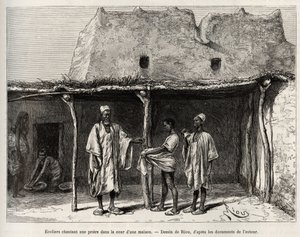 Muslimska skolbarn som sjunger en bön på gården till ett hus, praktiserat i landet Kong (Niger), skolbarnen får en handfull cauris, som de lämnar över till sin lärare och som motsvarar en sorts skatt för folkbildning. av Edouard Riou