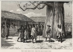 Palabre a Aouabou (Elfenbenskusten). Underskrift av den kommersiella affären vid Annos domstol, med ett porträtt av författaren. Gravyr av Riou, för att illustrera historien ""Från Niger till Guineebukten"" av kapten Louis Gustave Binger (1856-1936), 1887- av Edouard Riou
