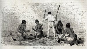 Paul Marcoy lärde sig att göra en matta med änkorna i Sarayacu (Peru), teckning av Riou, för att illustrera Paul Marcoys resa från Stilla havet till Atlanten från 1848 till 1860. Gravyr i "" Le tour du monde"", redigerad av Edouard Charton av Edouard Riou