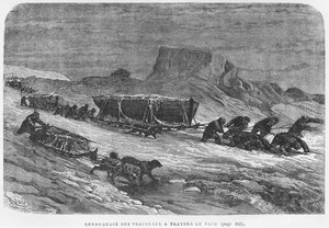 Att dra slädarna genom packisen, illustration från "Expedition du Tegetthoff" av Julius Prayer (1841-1915), graverad av Henri Theophile Hildibrand (1824-97). av Edouard Riou