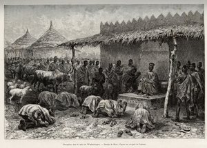 Mottagning på naba Sanem, från Mossi-riket (eller Mosse) i Waghadougou (Ouagadougou, Burkina Faso). Gravyr av Riou, för att illustrera berättelsen "" Från Niger till Guineebukten"" av kapten Louis Gustave Binger (1856-1936), 1887-1889, i Le tou av Edouard Riou