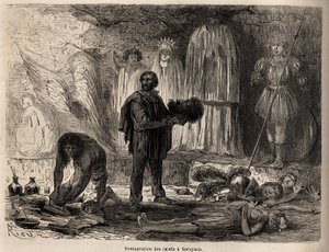 Restaurering av helgonstatyer i Sarayacu (Peru), teckning av Riou, för att illustrera Paul Marcoys resa från Stilla havet till Atlanten från 1848 till 1860. Gravyr i "" Le tour du monde"", redigerad av Edouard Charton av Edouard Riou