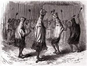 Rituell dans av Ticuna-indianerna i Peru med förklädnader och masker av Edouard Riou
