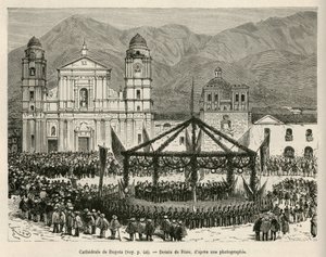 Katedralen i Bogotá, på Bolivar Square (Colombia), under det årliga självständighetsfirandet (18 december), för detta tillfälle, inrättades en ephemere kiosk för att hysa bandorkestern, ritad av E.Riou, för att illustrera resan till dagjämning av Edouard Riou