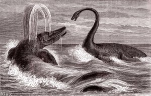 Ichtyosaurus och Plesiosaurus av Edouard Riou
