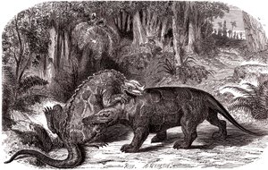Iguanodon och Megalosaurus av Edouard Riou