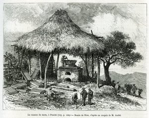 The Sugar Baking Oven, i Panche (Colombia), teckning av Riou, för att illustrera historien om Equinoxiale America (Colombia, Ecuador, Peru), 1875-1876, av Ed. andre, resemissionsavgift från den franska regeringen. Gravyr i Le tour du monde av Edouard Riou