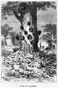 Kannibalernas träd, illustration från "Fem veckor i en ballong" av Jules Verne (1828-1905) Paris, Hetzel av Edouard Riou