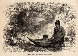Barnets bad i ett palmblad. Ritning av Riou, för att illustrera resan från Stilla havet till Atlanten av Edouard Riou