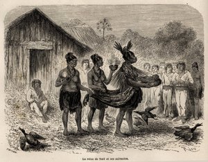 Firandet av julfesten i Sarayacu (Peru), juldrottningen bär Jesusbarnet i en korg, och tillsammans med två som följer, presenterar hon barnet för alla hus i byn, teckning av Riou, för att illustrera Paul Marcoys jour av Edouard Riou