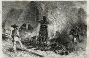 Kremeringen av en Roucouyenne (eller wayana), stam som bor längs floderna Mana och Maroni, vänd mot Bucher, Dr. Crevaux, gravyr av Riou, för att illustrera upptäcktsfärden i det inre av Guyana av Dr. Jules Crevaux, doktor i den franska flottan, av Edouard Riou