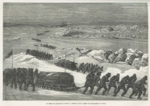 Avgången av Alert-slädarna, polarexpeditionens skepp, teckning av Riou, för att illustrera historien om en resa till polarhavet 1875-1876, av kapten G.S.Nares. Gravyr i Le tour du monde av Edouard Riou