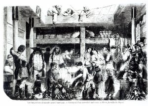 Kvällen före avresan till Amerika - tyska emigranter på väg till USA i styrhytten på ett amerikanskt passagerarfartyg i hamnen i Le Havre, ca 1850 av Edouard Riou