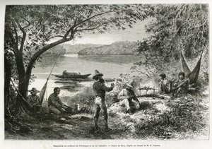 Upptäckarlägret, vid sammanflödet av Orenoque och floden Cabullero. Gravyr av Riou, för att illustrera utforskandets resa genom Nya Granada och Venezuela, av Doktor Crevaux, förstklassig läkare vid flottan och E.Lejeanne, marin pharma av Edouard Riou