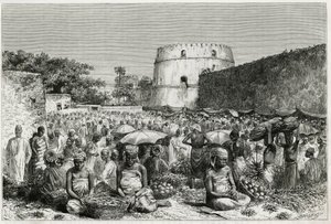 Fruktmarknaden i Zanzibar (Tanzania). Gravyr av Riou, för att illustrera berättelsen "" Resan till Benadir, Omalis och Bayoun"", 1882-1883, av M.G.Revoil. Publicerad i Le Tour du monde, nouveau journal des voyages av Edouard Riou