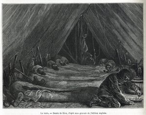 Insidan av tältet på isflaket, teckning av Riou, för att illustrera historien om en resa till polarhavet 1875-1876, av kapten G.SNares (1831-1915). Gravyr i Le tour du monde av Edouard Riou