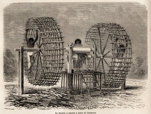 Kvarnen för att mala sockerrör från Sarayacu (Peru), teckning av Riou, för att illustrera Paul Marcoys resa från Stilla havet till Atlanten från 1848 till 1860. Gravyr i "" Le tour du monde", redigerad av Edouard Charton av Edouard Riou